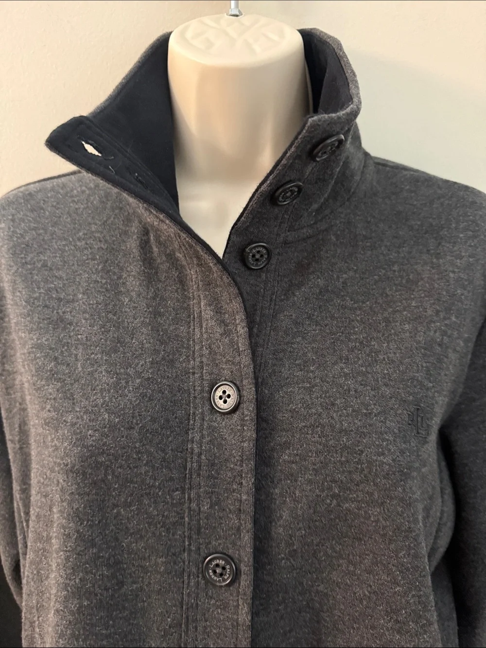 Lauren Ralph Lauren Charcoal Button-Up Funnel Neck Sweater